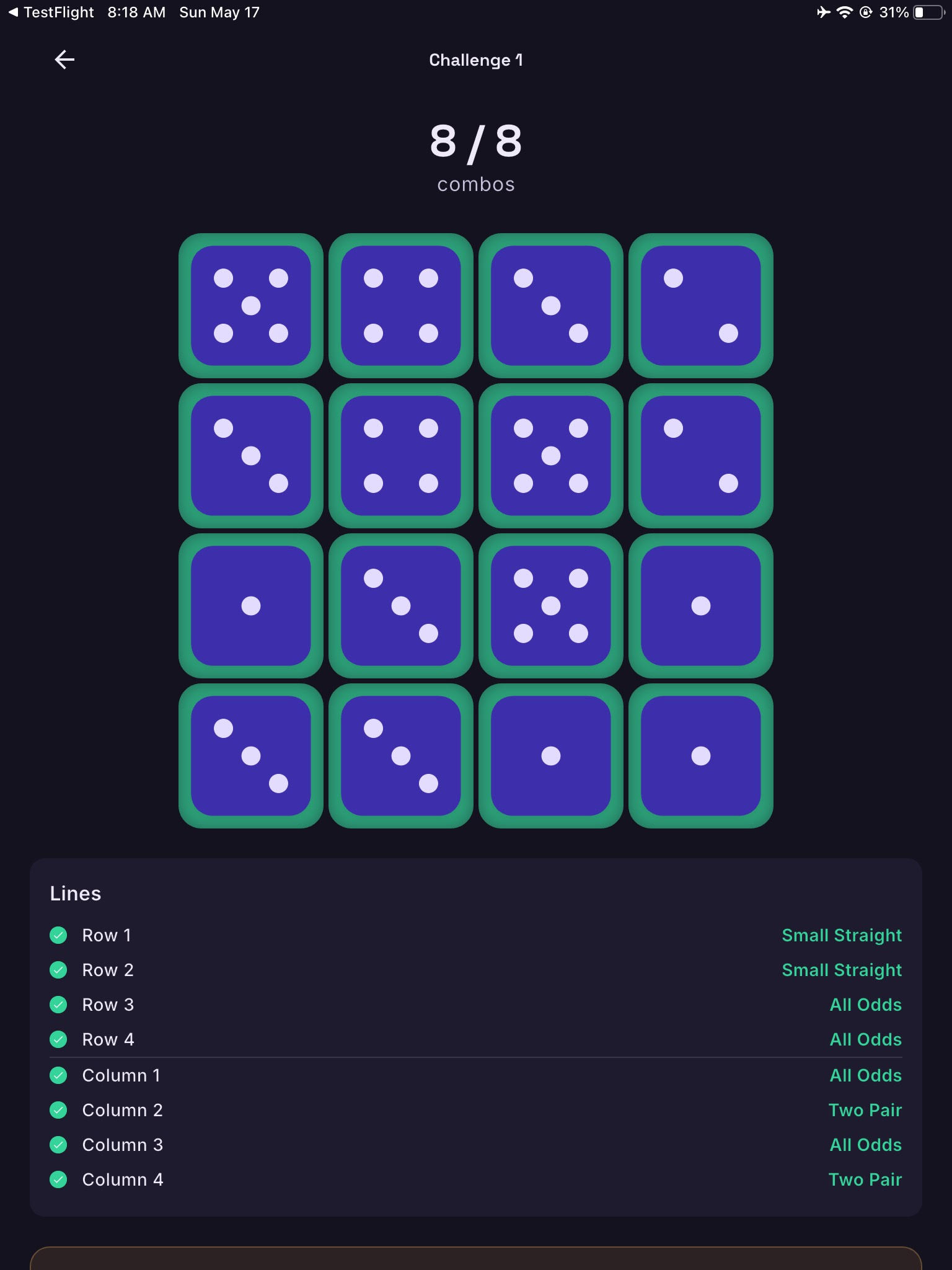 Yadoku gameplay: a completed Challenge board scoring 8 of 8 combos, with the line-by-line breakdown.